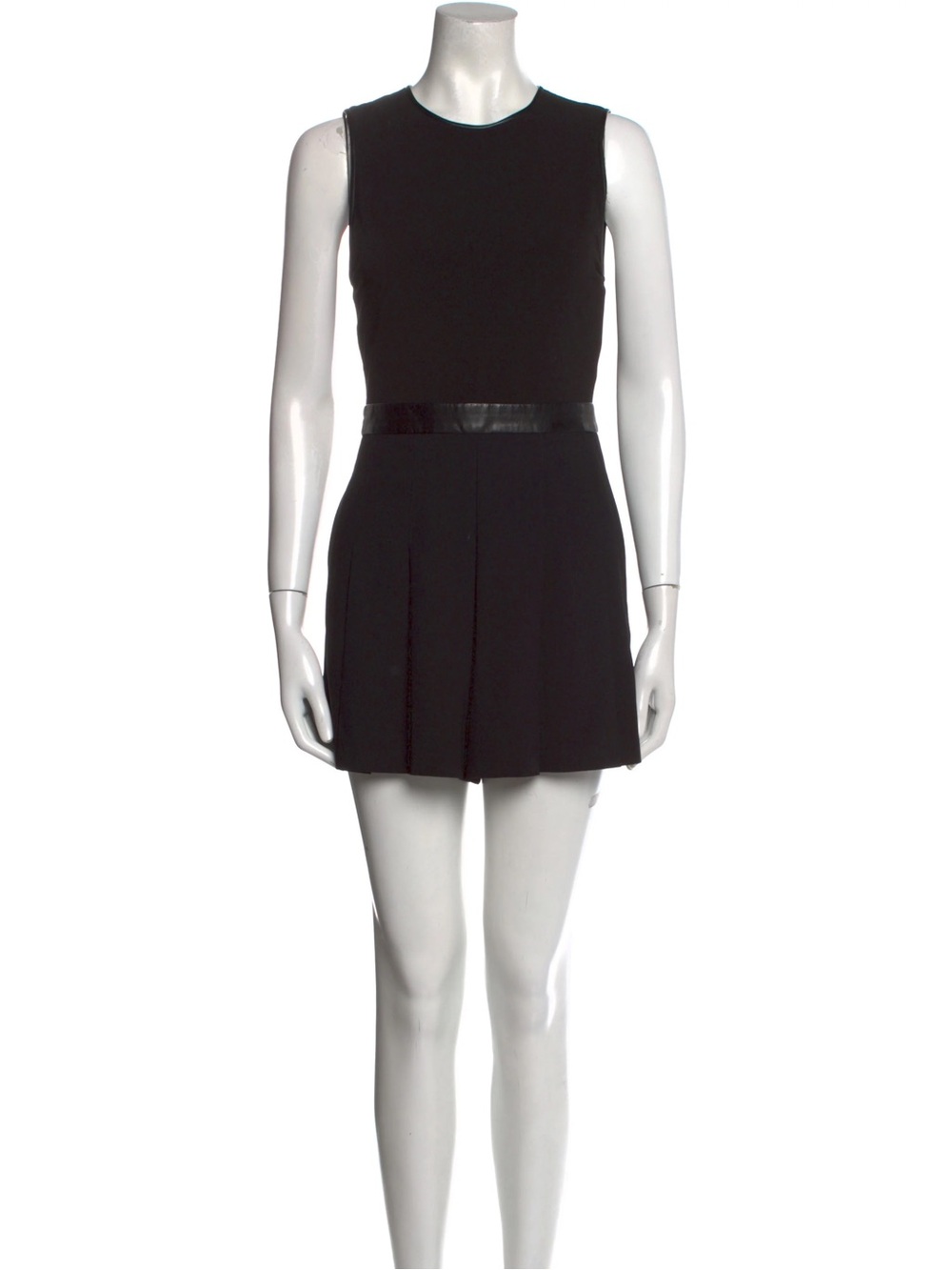 Alice + Olivia Black Sleeveless Pleated Romper with Faux-Leather Trim